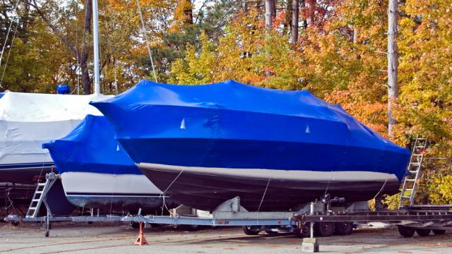 a boat covered and prepared for winter