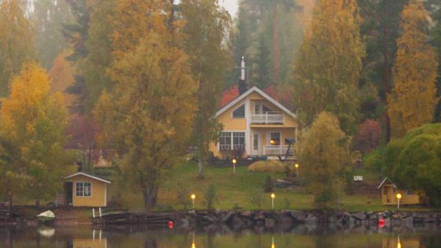 lakeside lawn in the fall