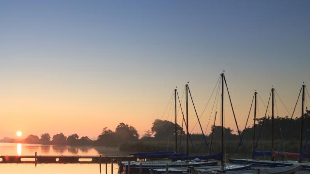 Sailboats docked at sunset