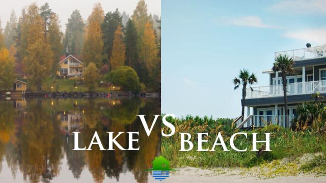 split photo comparing lake homes and beach houses