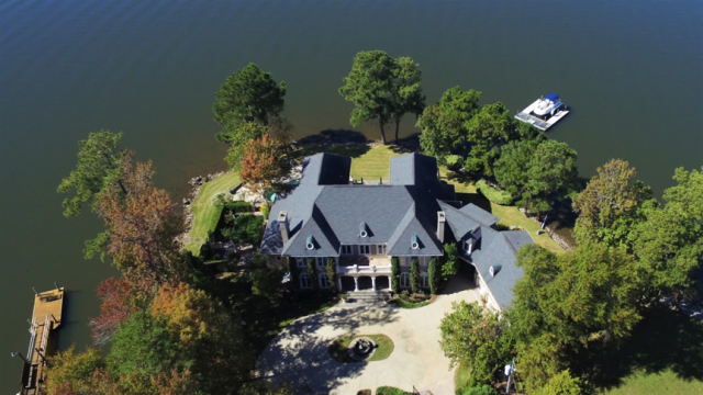 aerial view of large lake home on Lake Murray peninsula