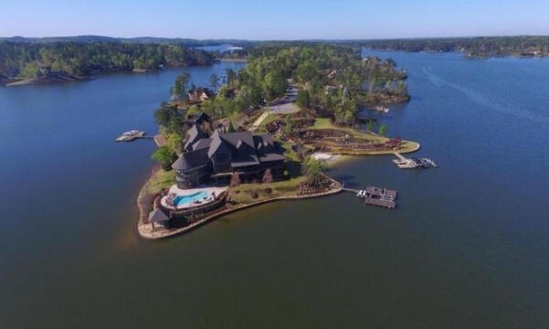 aerial view of island lake home in alabama