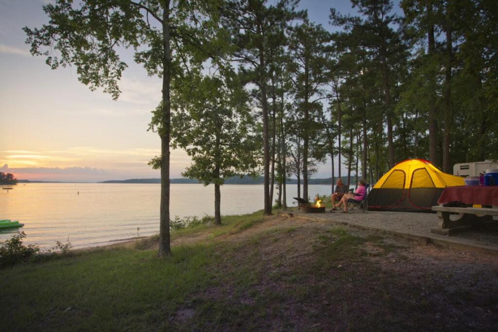 Family camping at lake