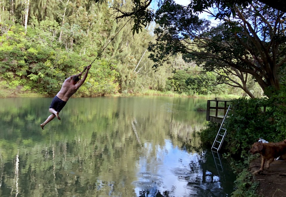 Man swinging on rope swing at lake with dog