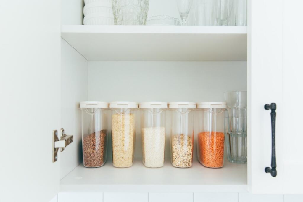 cereal and groceries in plastic and glass containers