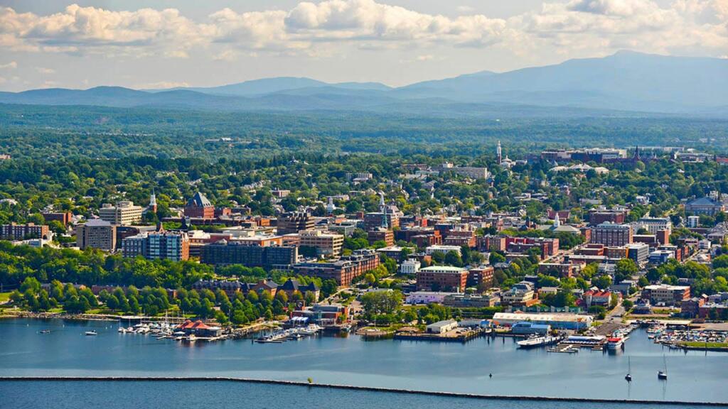 Burlington, a top shopping area, with Lake Champlain.