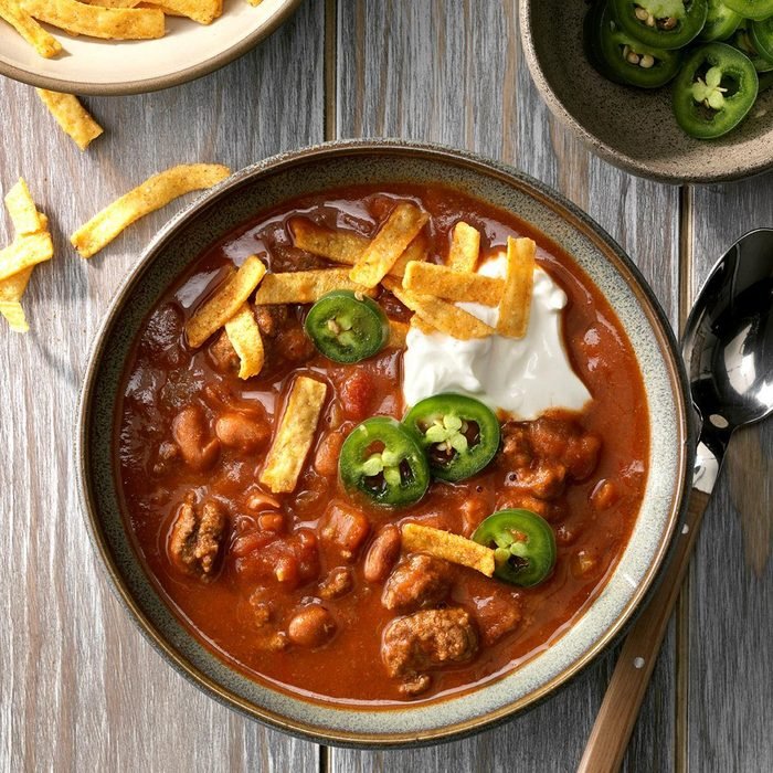 Autumn Chili, a cozy blend of beans, ground beef, peppers, and tomatoes. 