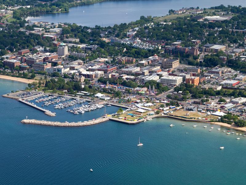 Traverse City, a top tourist destination, beside Lake Michigan.