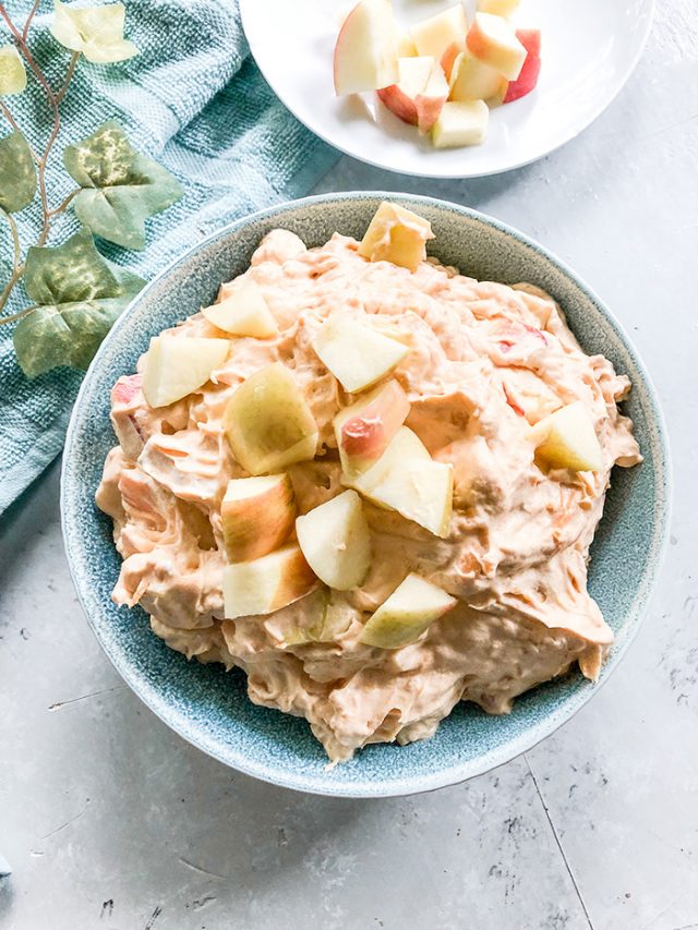 Fall dessert salad with caramel, whipped cream, and apples. 