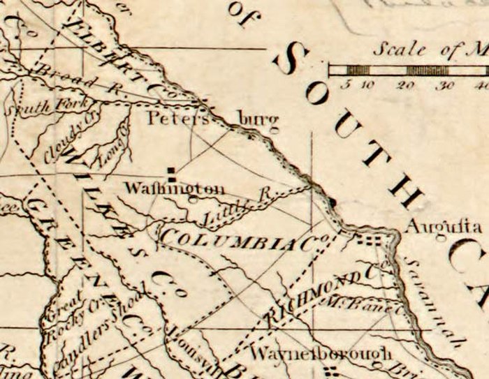 A map of the abandoned town of Petersburg, now covered by Clarks Hill Lake. 