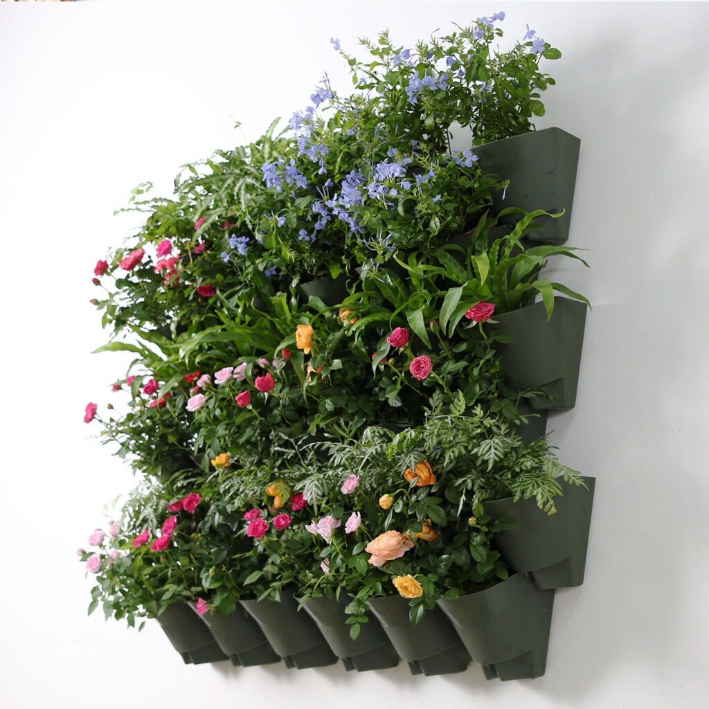 The Worth Self-Watering wall system, which has grown an array of colorful flowers, attached to an indoor wall. 