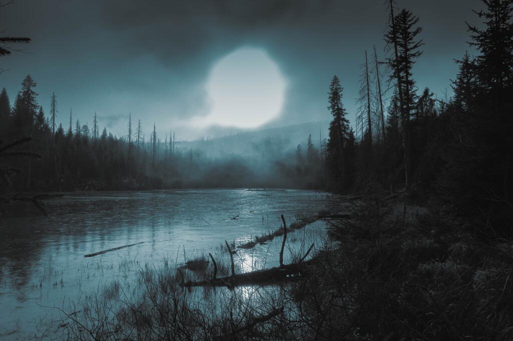A bright moon rests on a foggy lake.