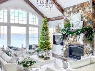 Christmas tree and other holiday decor in a lake home with a scenic view of the water.