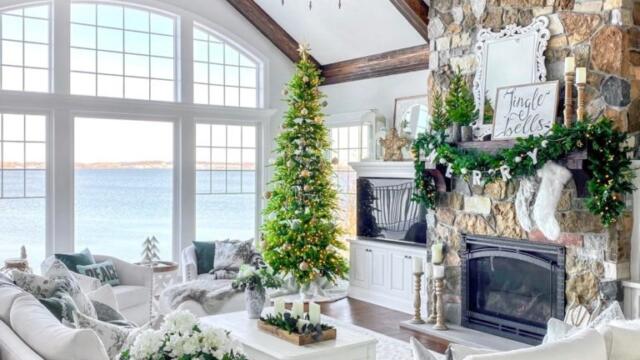 Christmas tree and other holiday decor in a lake home with a scenic view of the water.