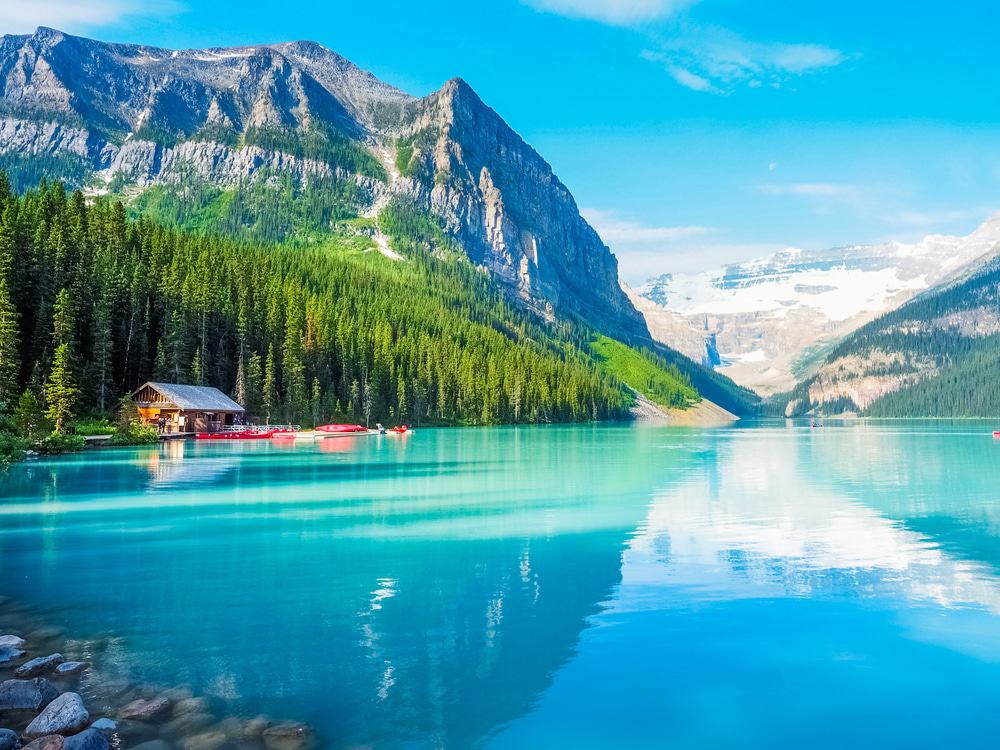 Lake Louise; Banff National Park, Alberta in Canada, a body of clear, blue water with snowy mountains and green trees in the background