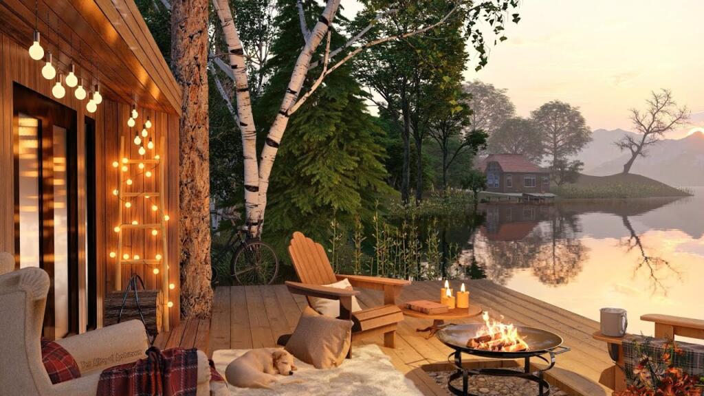 Cozy winter brunch in front of firepit outdoors by the lake.