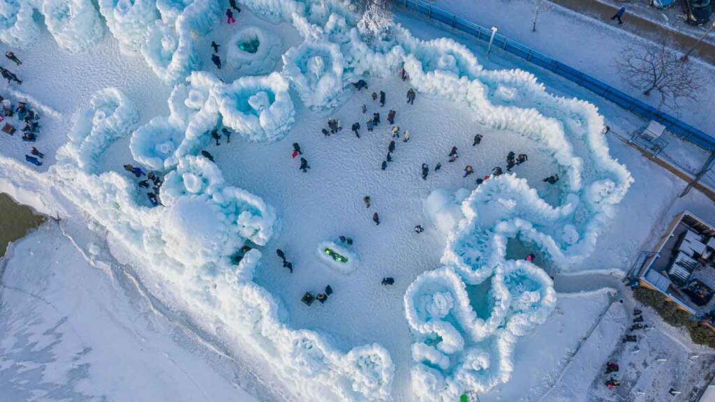 An aerial shot of an ice castle. 