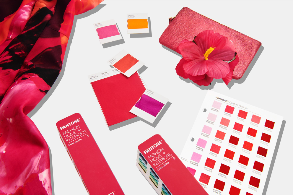 Pantone fashion, home, and interiors color palettes for Pantone's Color of the Year 2023, 18-1750 Viva Magenta, fabric swatches, scarf, bag