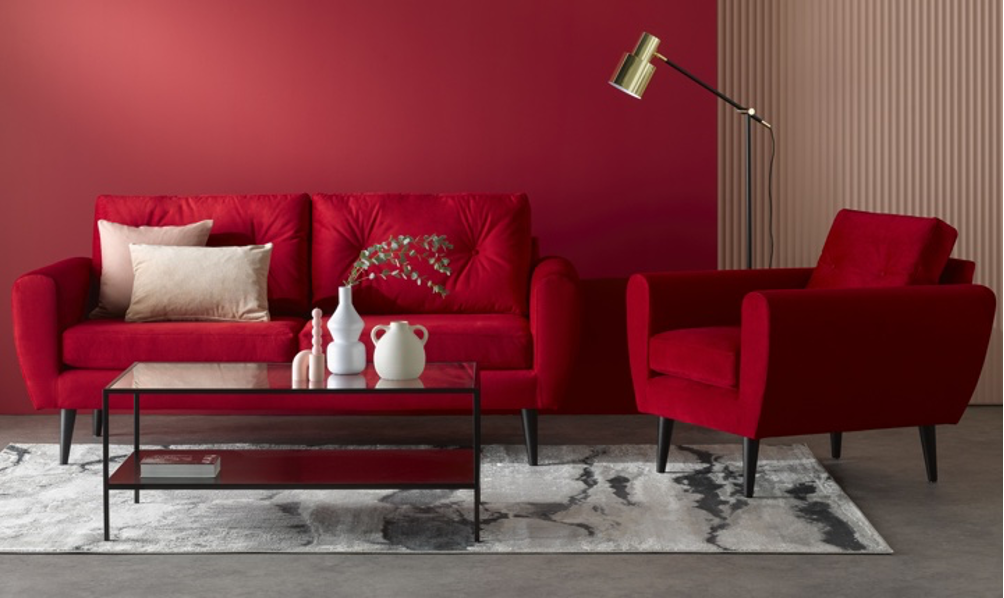 Red sofa grouping from Big Furniture Group representing furnishings with Pantone Color of the Year 2022, 18-1750 Viva Magenta
