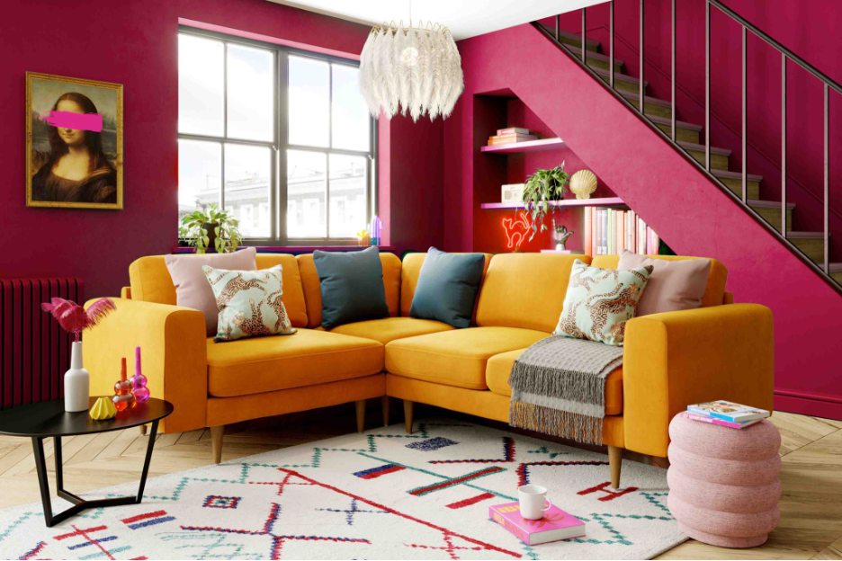 Reading nook wall under a staircase with Pantone Color of the Year 2022, 18-1750 Viva Magenta and turmeric sofa from Snug