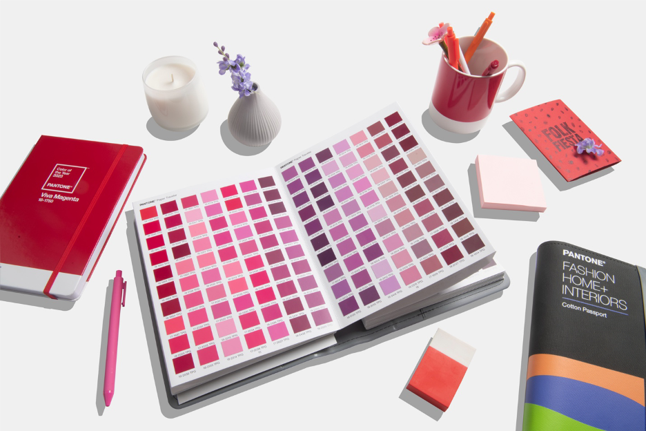 Pantone's Color of the Year, 2023 color palette and products, coffee mug, notebook, pen