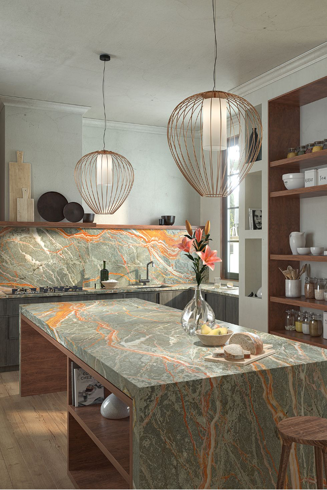 green, orange, white veining waterfall stone island and backsplash, stone slabs, modern kitchen design, wire pendant lights, open display shelves