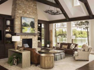 great room, Wisconsin stone fireplace, view of Lake Nagawicka, WI