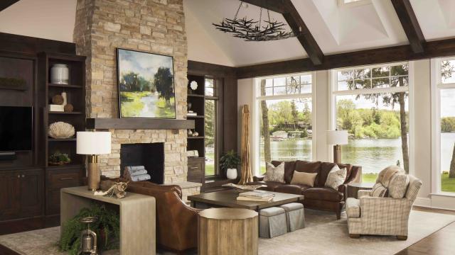 great room, Wisconsin stone fireplace, view of Lake Nagawicka, WI