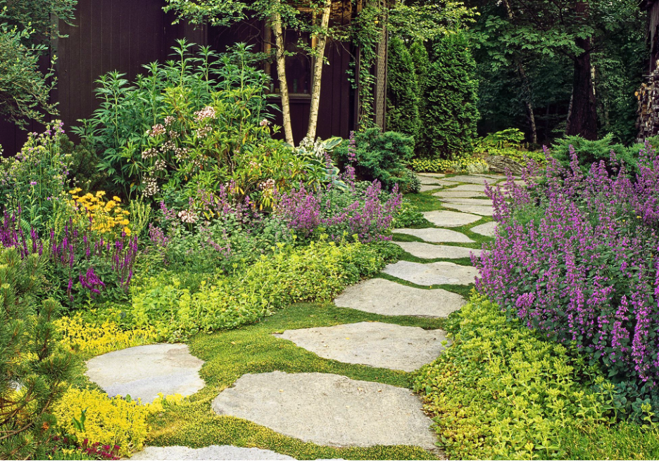 green anf blooming groundcovers and stone walkway for lake landscape