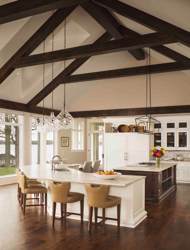Open kitchen with vaulted beamed ceiling Lake Nagawicka lake home