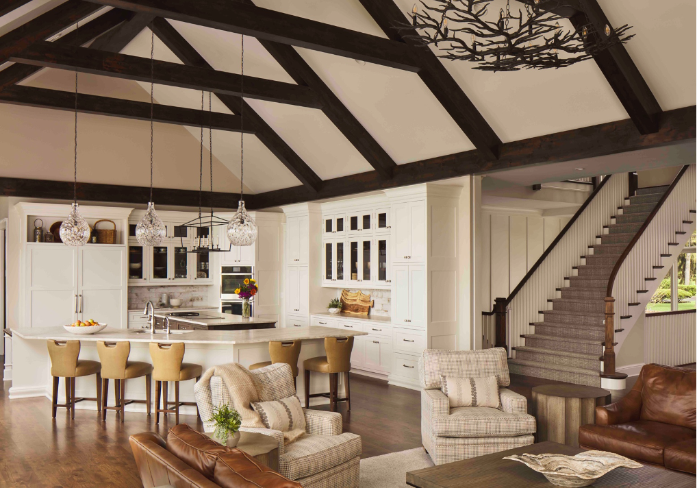 kitchen view to great room and staircase of Lake Nagawicka lake home