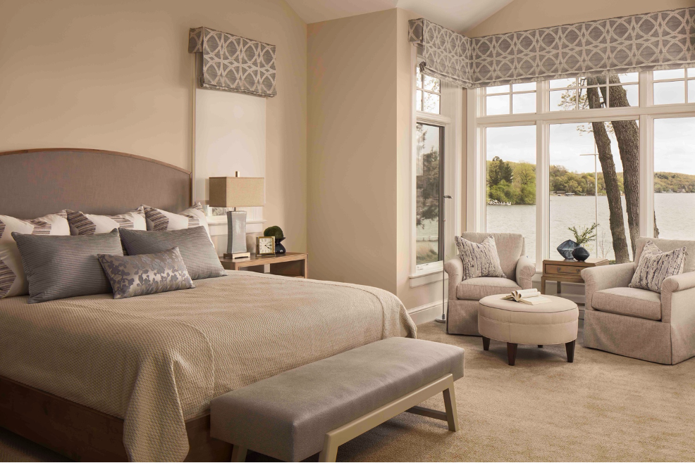 primary bedroom looking out on Lake Nagawicka at lake home