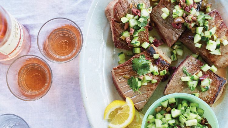 Bluefin tuna with olive, cucumber, and cilantro relish with blush wine