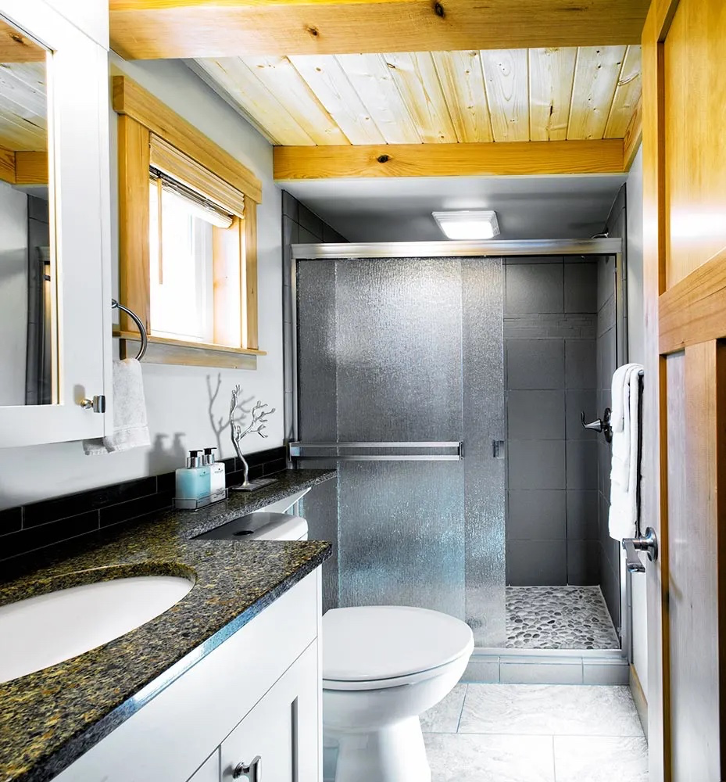 tiny modern lake home bathroom with durable and high-quality materials and finishes