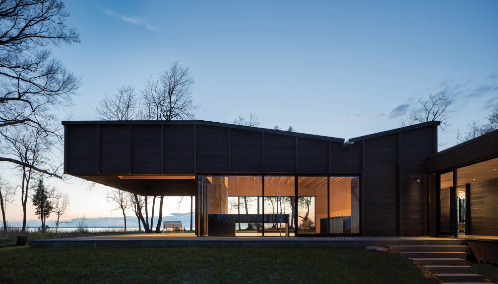 exterior charred cedar home on Lake Michigan