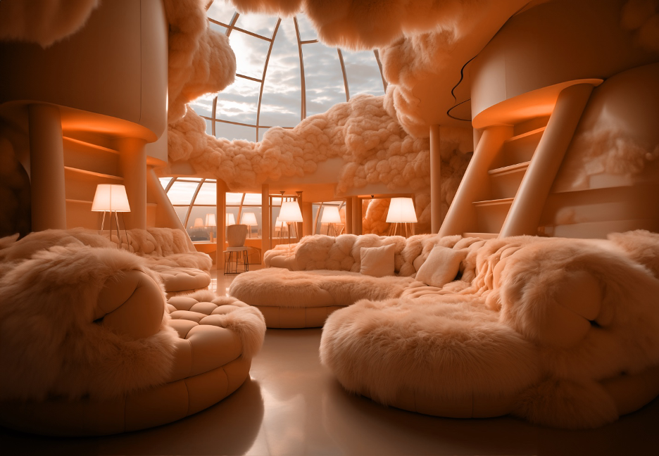 PANTONE 13-1023 Peach Fuzz hotel lobby design