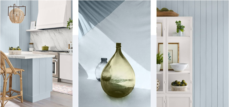 Snapshots of Sherwin-Williams 2024 Color of the Year, Upward in a kitchen, with accessories, and cabinet wall