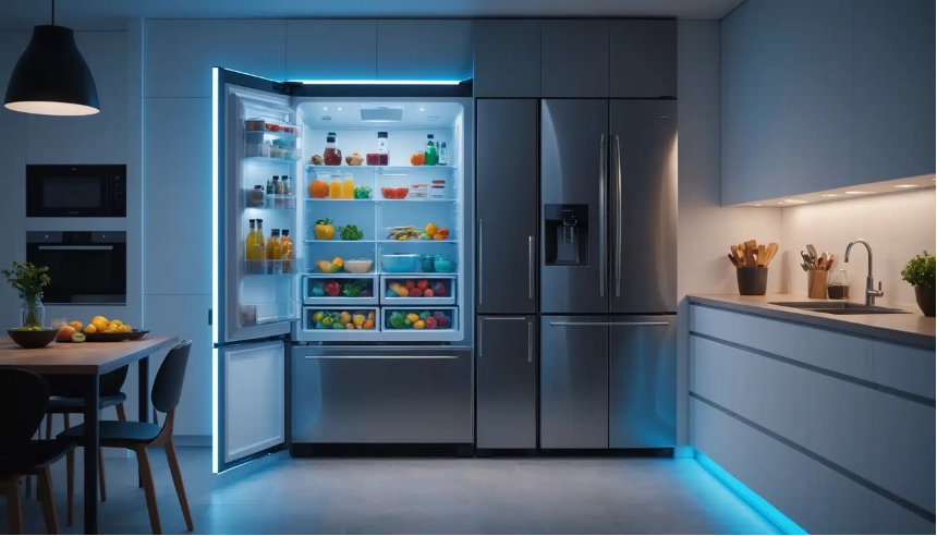 smart appliances in a modern kitchen, including smart refrigerator, freezer, faucet, and ovens