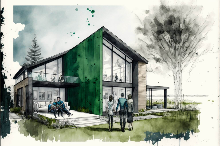 illustration of an eco-friendly and sustainable lake home