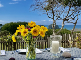 Beautiful outdoor table scape with a vase of sunflowers and a vast lake landscape and lake in background