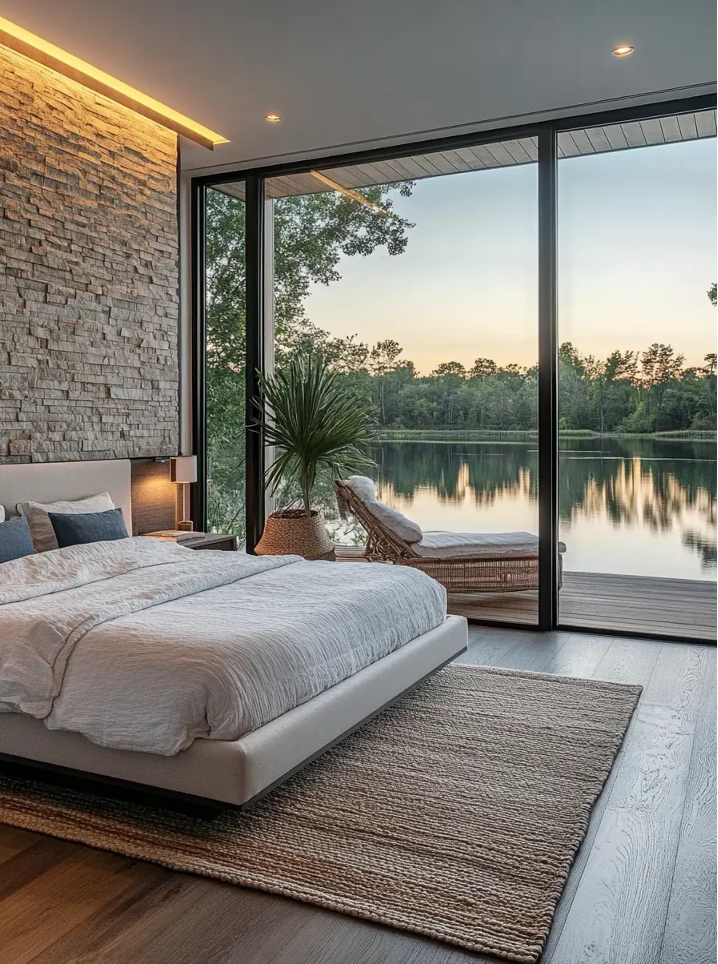 Guest bedroom space with sweeping  views of the lake, summer bed linens, stone feature wall, greenery, bedside book, and chaise lounge on deck just outside