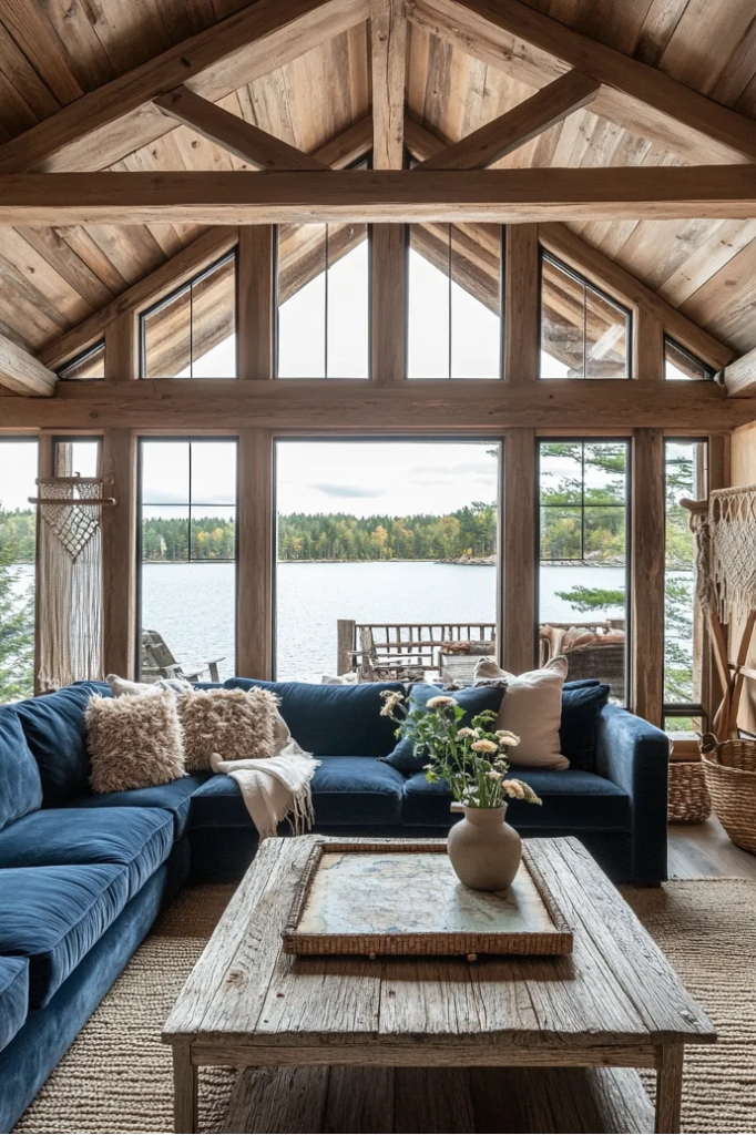 subtle maritime theme in rustic lake home living room outfitted with deep blue seating, ivory pillows, repurposed wooden coffee table, and textured accents and wicker baskets all overlooking lake backdrop