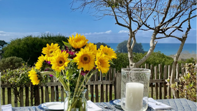 Beautiful outdoor table scape with a vase of sunflowers and a vast lake landscape and lake in background