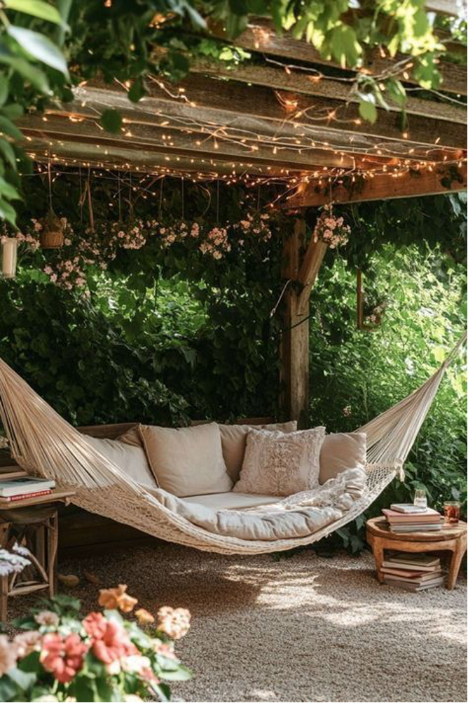 Lavish hammock underneath a garden pergola with twinkling string lights, fragrant flowers, and surrounded by garden greenery, with pebbled pathway, tables with books, drinks 