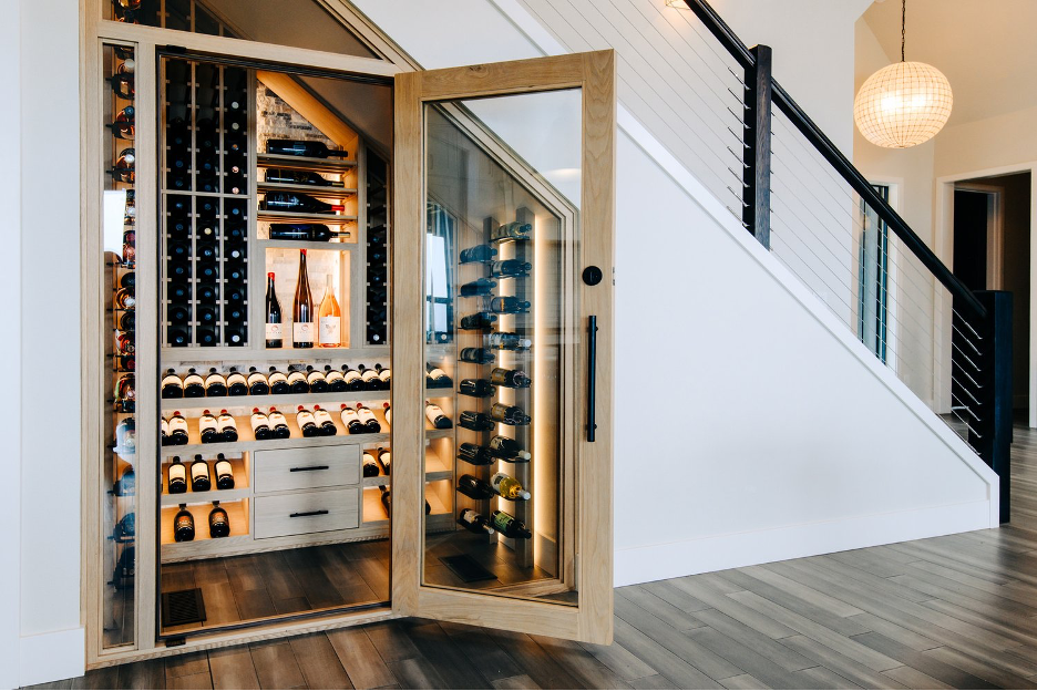 Integrated wine storage system underneath the stairs