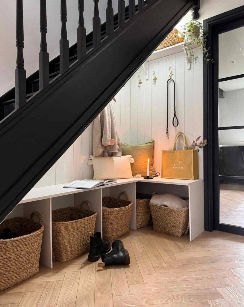 Makeshift mudroom storage area underneath the stairs with a wraparound bench and open storage underneath, and hooks for coats and dog leashes