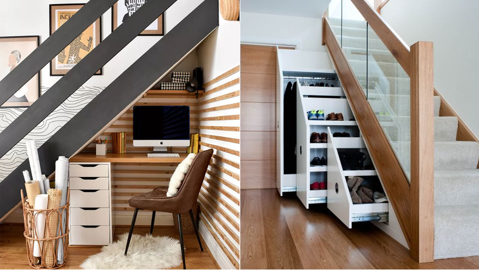 Home office setup underneath the stairs, and a makeshift closet underneath the stairs with pull-out storage for shoes, boots, and coats