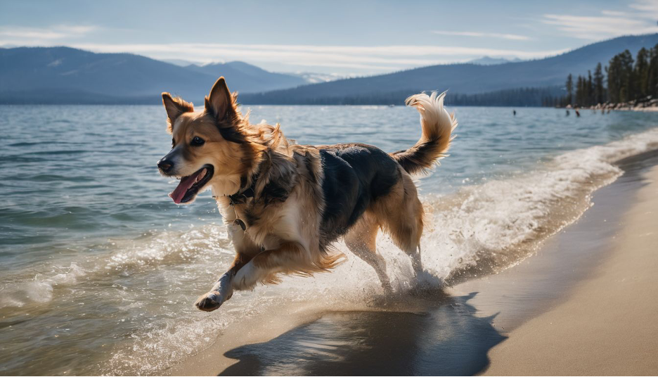 dog running along the shoreline of Lake Tahoe, California–Nevada Border (California Region) with mountains and trees in the background