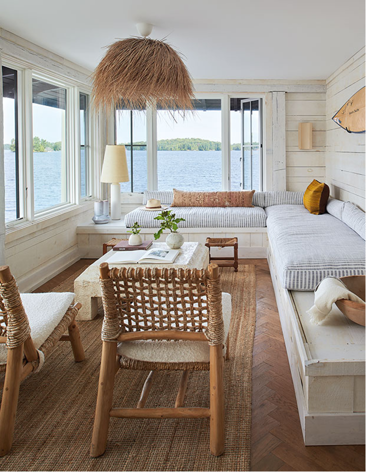 woven natural fibers including rattan, wicker, and sisal applied to breezy enclosed porch overlooking the lake