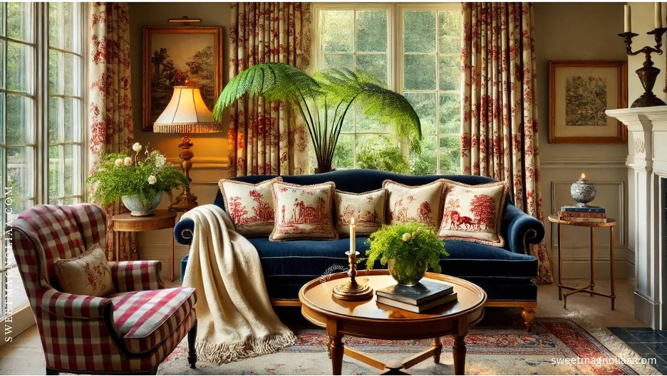 Pattern Charm, demonstrated with toile, chintz, and plaid fabrics layered in a lake home sitting room illustrating English country charm